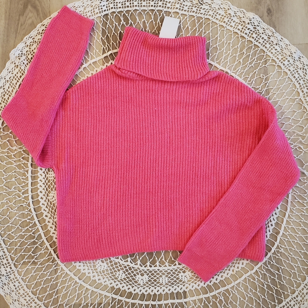 SUN + MOON 🌙  Electric Pink Boxy Turtleneck Ribbed Sweater - Picture 5 of 7